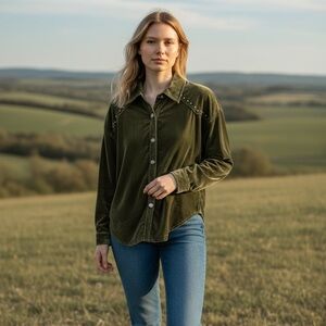 Size M Olive Green Velvet Button-Front Shirt